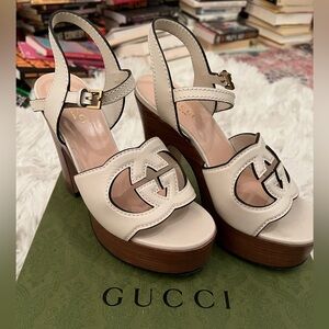 Gucci White and Brown Platform Sandal Heels